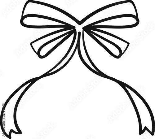 Bow made of thin ribbon, pattern. Freehand doodle drawing. One decorative bow, sketch.