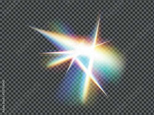 Rainbow lens prism ethereal flare effect on crystal glass or camera film filter with bokeh, abstract rainbow colorful rays leaks, Film leak light overlay texture on transparent background
