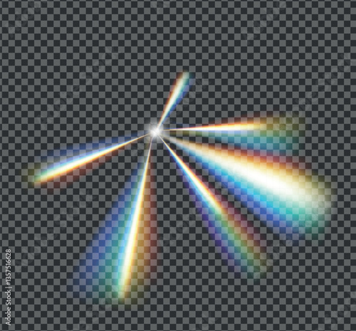 Rainbow lens prism ethereal flare effect on crystal glass or camera film filter with bokeh, abstract rainbow colorful rays leaks, Film leak light overlay texture on transparent background