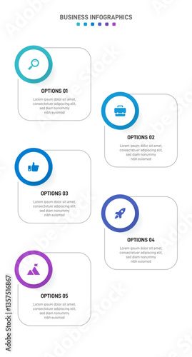 Vertical progress bar featuring 5 arrow-shaped elements, symbolizing the five stages of business strategy and progression. Clean timeline infographic design template. Vector for mobile presentation.