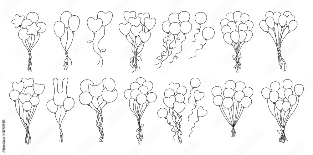 Obraz premium Bundle balloons set illustration. Linear symbol decorative various shaped bunches of balloons . Birthday celebration festivities events, party decoration, greeting card postcard children vector design