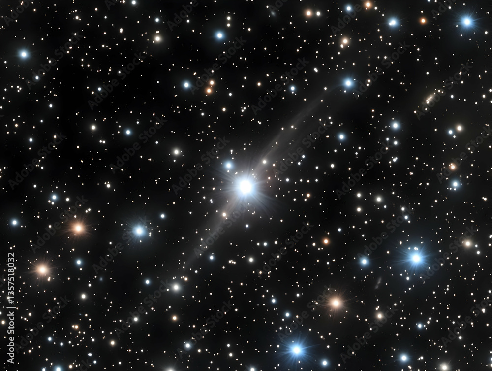 Obraz premium Vibrant Starfield with Dominant Central Star and Scattered Cosmic Dust in Deep Blue Outer Space a Mesmerizing Display of Celestial Light