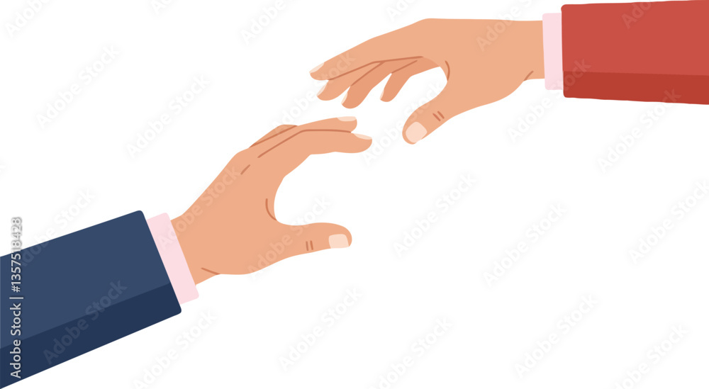 Two hands reaching out towards each other in a flat vector illustration symbolizing connection and interaction between individuals in a professional setting vector art Two hands reaching out towards each other in a flat vector illustration symbolizing connection and interaction between individuals in a professional setting vector art