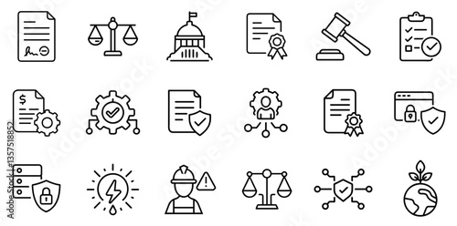 "Regulation Line Icon Representing Rules, Laws, Compliance, and Legal Frameworks in a Clean and Structured Linear Design"
