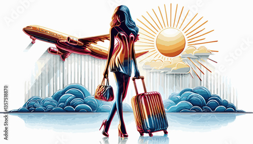 A girl with luggage for air travel against the background of the sun, clouds and an airplane. Multi-colored illustration. Vector graphics. EPS.