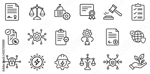 "Regulation Line Icon Representing Rules, Laws, Compliance, and Legal Frameworks in a Clean and Structured Linear Design"