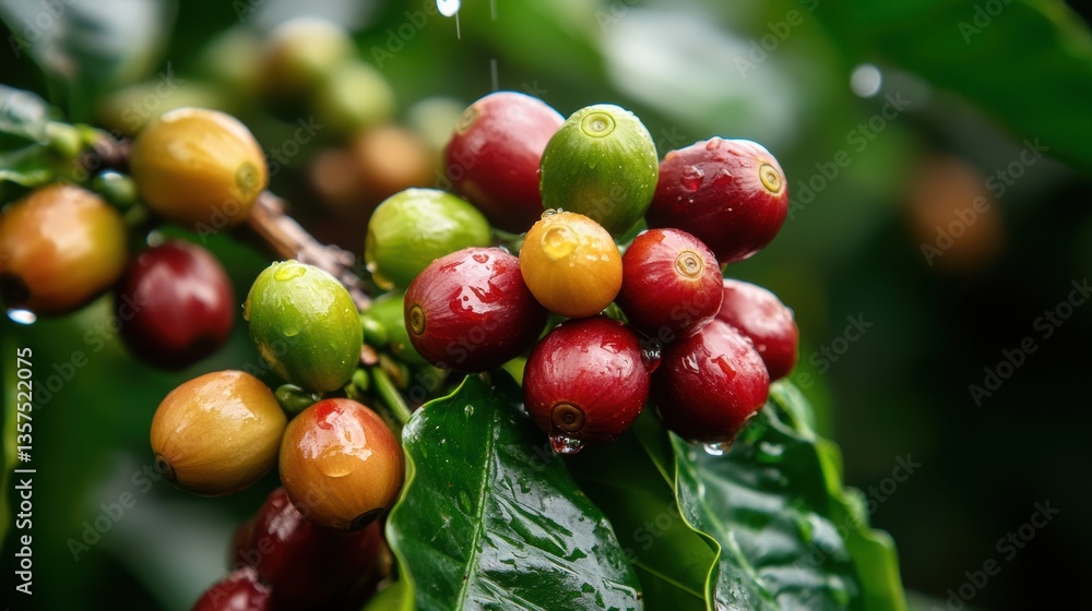 Obraz premium Cherry coffee ripening on a tree. Coffee berries (cherries) grow in clusters