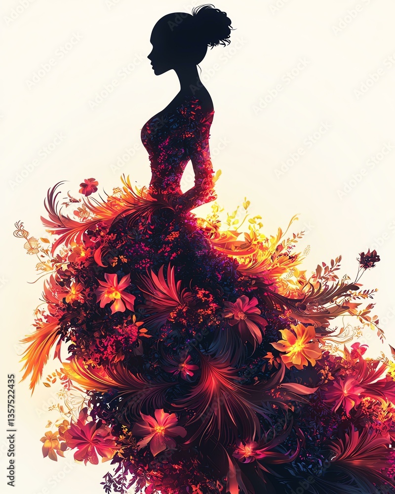 Fototapeta premium Fashion illustration A stunning silhouette of a woman adorned with vibrant flowers, blending nature and fashion in an artistic expression of beauty and elegance.