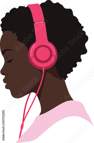 A young woman with curly hair wearing bright pink headphones in a flat, minimal design style, enjoying music, depicted in vector art