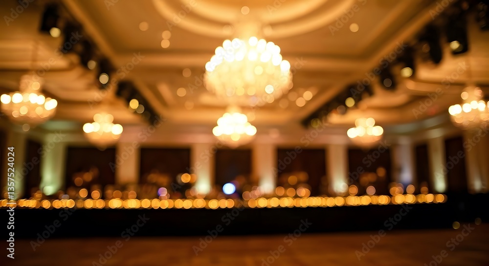 Obraz premium A softly lit New Year's Eve ballroom with blurred glittering chandeliers, Ai Generated
