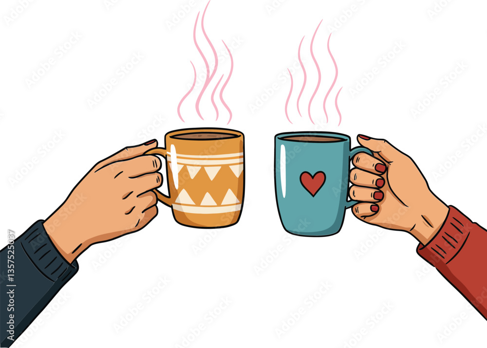 Two hands holding steaming coffee mugs in a cozy setting, showcasing warmth and connection in flat vector art