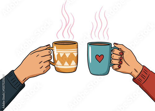 Obraz na płótnie Two hands holding steaming coffee mugs in a cozy setting, showcasing warmth and connection in flat vector art w salonie