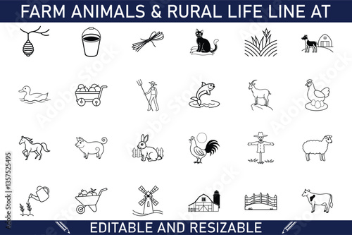 Farm Animals Rural Life Line Icons Editable Resizable Set