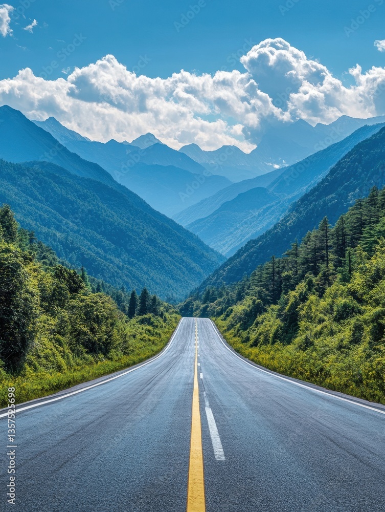 Fototapeta premium Scenic Mountain Road Journey Under Blue Sky with Fluffy Clouds and Lush Greenery in Serene Landscape