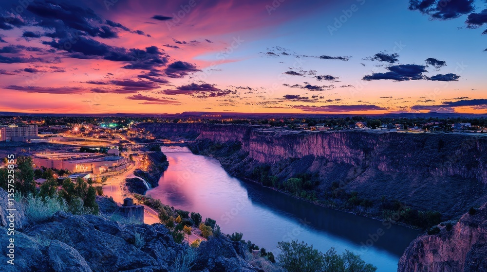 Naklejka premium Breathtaking Sunset Over Shoshone Falls in Twin Falls, Idaho - A Scenic American Destination with Majestic Cliffs and a Vibrant Sky