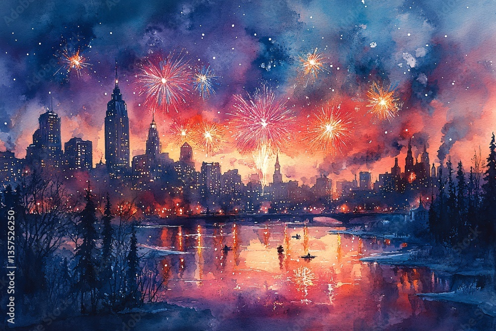 Obraz premium Snowy Urban Landscape Glows with Magical Fireworks on New Year's Eve