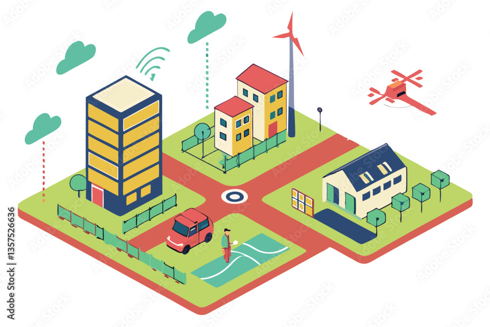 Fototapeta premium 57 Isometric smart city elements, renewable energy sources, wind turbines, solar panels, electric vehicles, green spaces, drone delivery, sustainable buildings, futuristic urban planning, clean techno