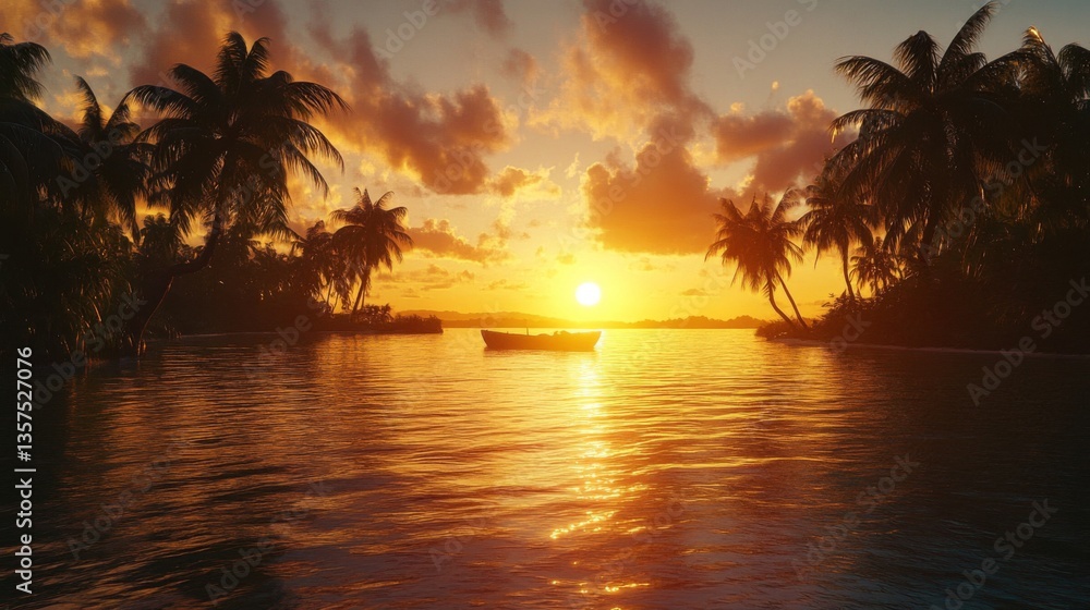 Fototapeta premium Serene Sunset Boat Calm Tropical Island Paradise