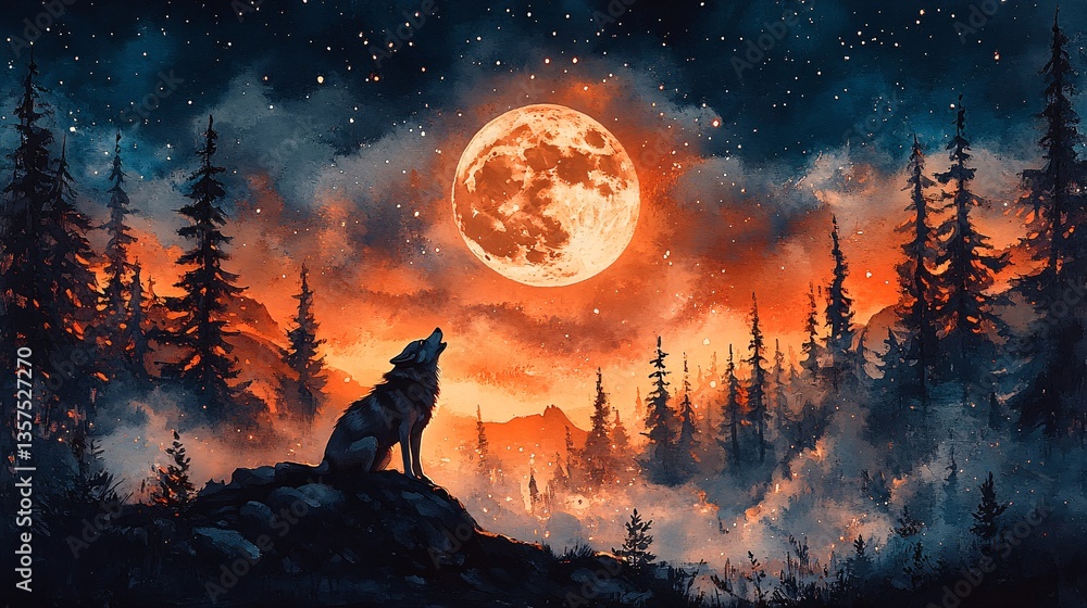 Fototapeta premium Enchanting scene of a wolf howling under a starry midnight sky