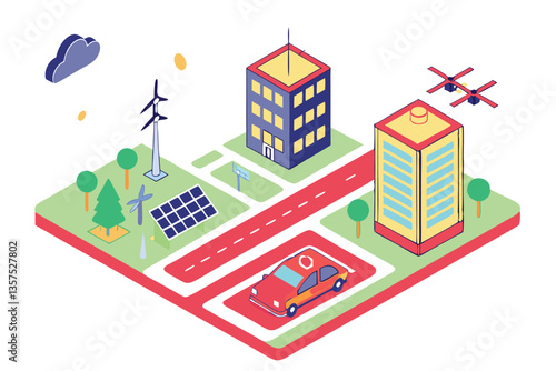 57 Isometric smart city elements, renewable energy sources, wind turbines, solar panels, electric vehicles, green spaces, drone delivery, sustainable buildings, futuristic urban planning, clean techno