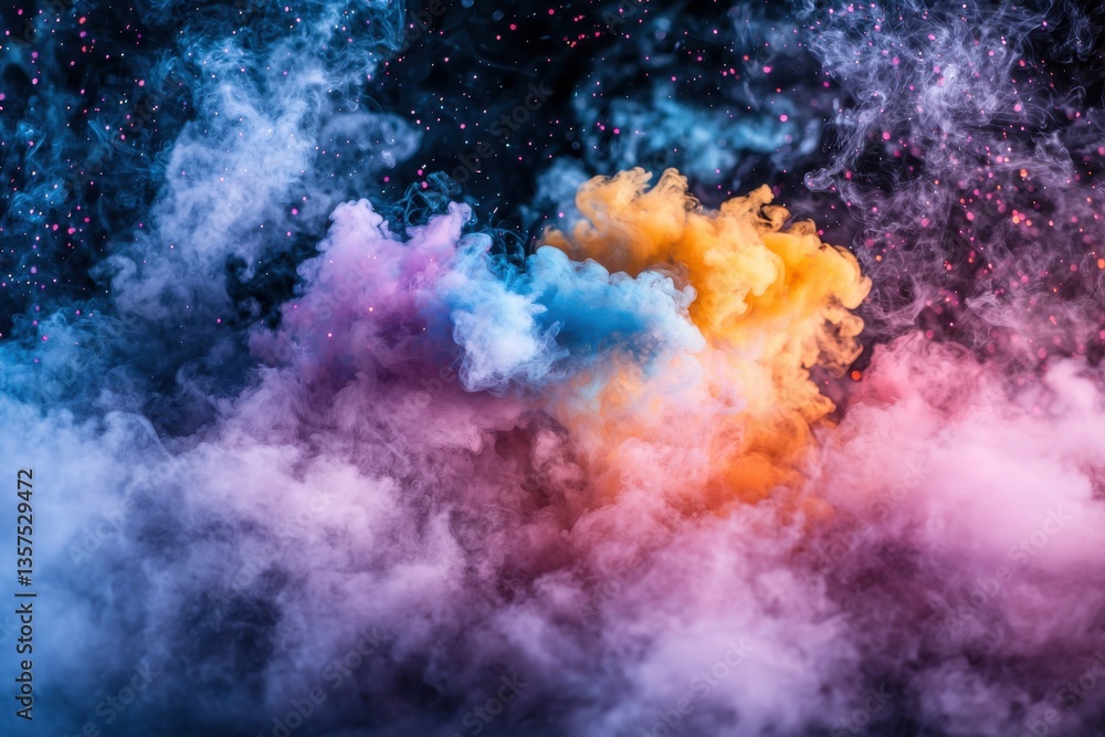 custom made wallpaper toronto digitalAn ethereal scene of colorful smoke blending in a cosmic dance, against a dark backdrop sprinkled with stars, creating a dreamlike and enchanting atmosphere.
