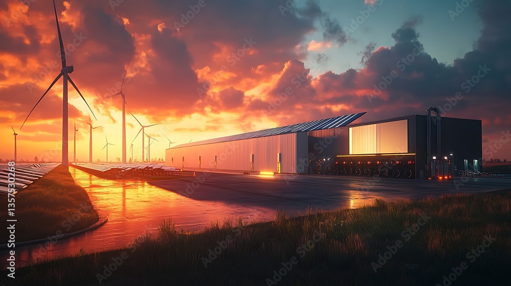Fototapeta premium Sunset Over Renewable Energy Facility, A dramatic sunset over a renewable energy facility with solar panels and wind turbines