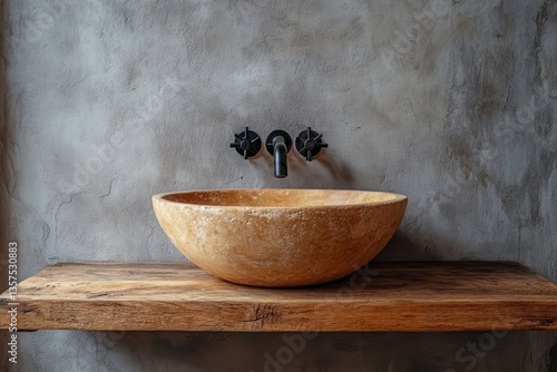 a natural wooden vessel sink with industrial style faucets, mounted on a wooden shelf against a textured wall. The sink adds an element of rustic charm