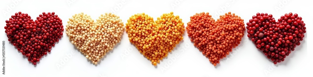 Heart-shaped pattern of organic quinoa grains on white background, love, organic Heart-shaped pattern of organic quinoa grains on white background, love, organic