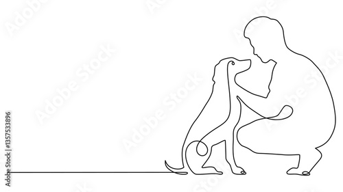Continous one line drawing of a man and his dog showing affection.