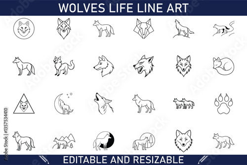 Editable Wolf Line Art Pack Minimalist Design, Resizable Icons