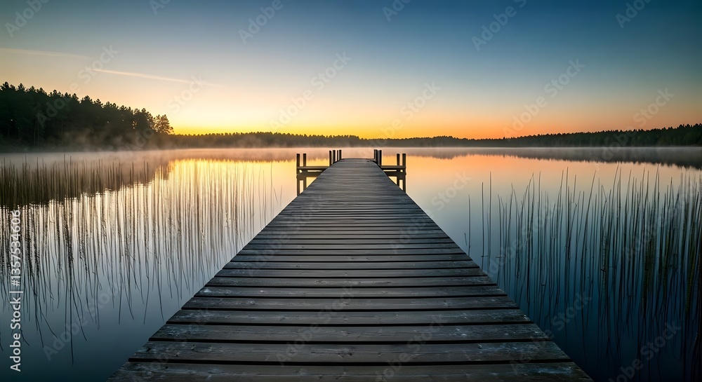 A wooden pier over a tranquil lake at dawn, surrounded by floating mist, AI Generated A wooden pier over a tranquil lake at dawn, surrounded by floating mist, AI Generated