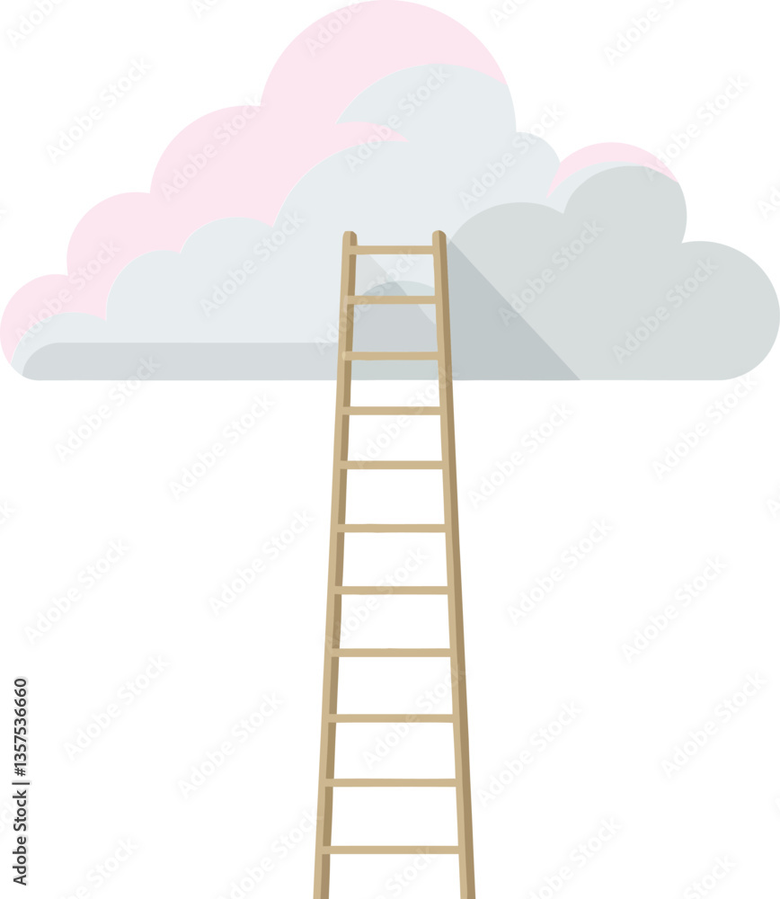 A wooden ladder reaching towards soft pink and grey clouds in a minimalistic flat design vector illustration A wooden ladder reaching towards soft pink and grey clouds in a minimalistic flat design vector illustration