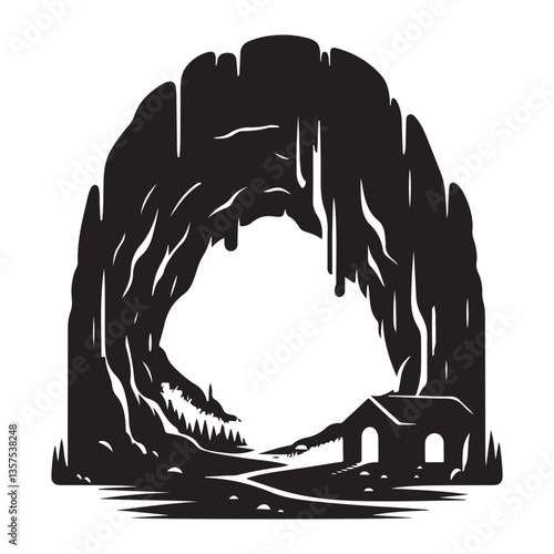 Cave entrance silhouette vector illustration mysterious adventure location