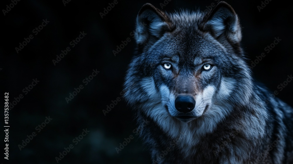 Fototapeta premium Majestic wolf encounter forest wildlife photography nighttime close-up nature's raw beauty