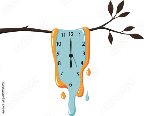 Melting clock hanging from a branch in a flat, whimsical style showcasing time distortion in vector art