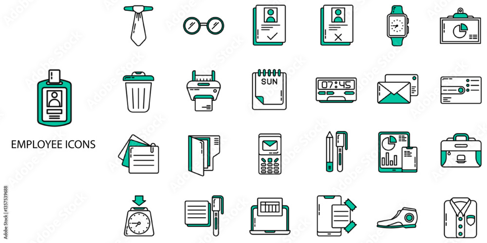 Employee simple concept 24 color icons set. Contains such workplace, workspace, computer, team, office, desk, lamp, employee .Vector illustration. Employee simple concept 24 color icons set. Contains such workplace, workspace, computer, team, office, desk, lamp, employee .Vector illustration.