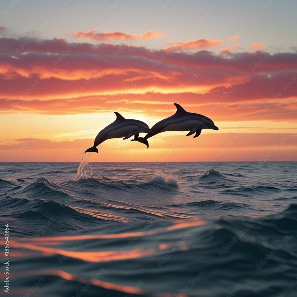 A captivating candid photography captures two dolphins in mid-air, silhouetted against a serene sunset backdrop, while a tissue paper rose, crafted from delicate petals and green wire, evokes harmony A captivating candid photography captures two dolphins in mid-air, silhouetted against a serene sunset backdrop, while a tissue paper rose, crafted from delicate petals and green wire, evokes harmony