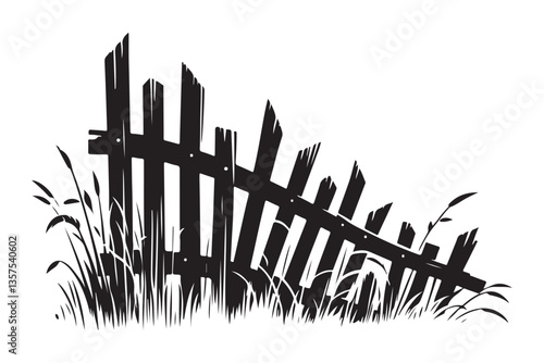 Rustic Leaning Silhouette Fence Illustration Overgrown Grass Scene