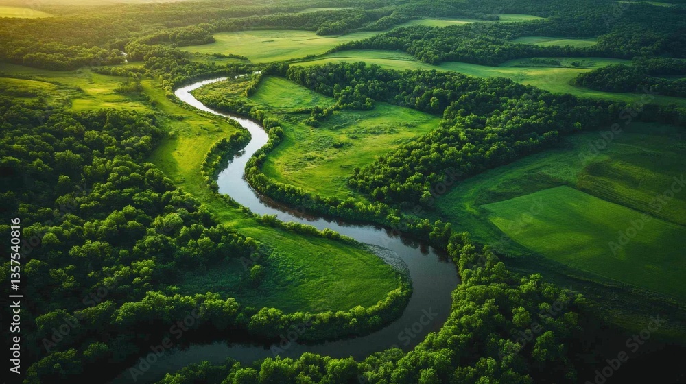 Fototapeta premium Winding river and lush greenery scenic landscape nature aerial view tranquil environment