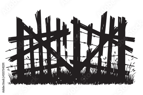 Old Broken Wooden Fence Silhouette Vector For Farm Style Decor
