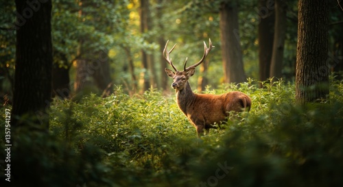 Majestic red deer stag stands alert within the vibrant green woodland