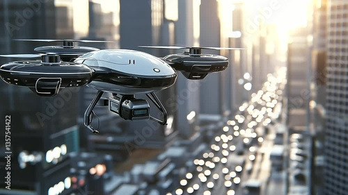 Futuristic city with AI drones and self-driving cars delivering packages