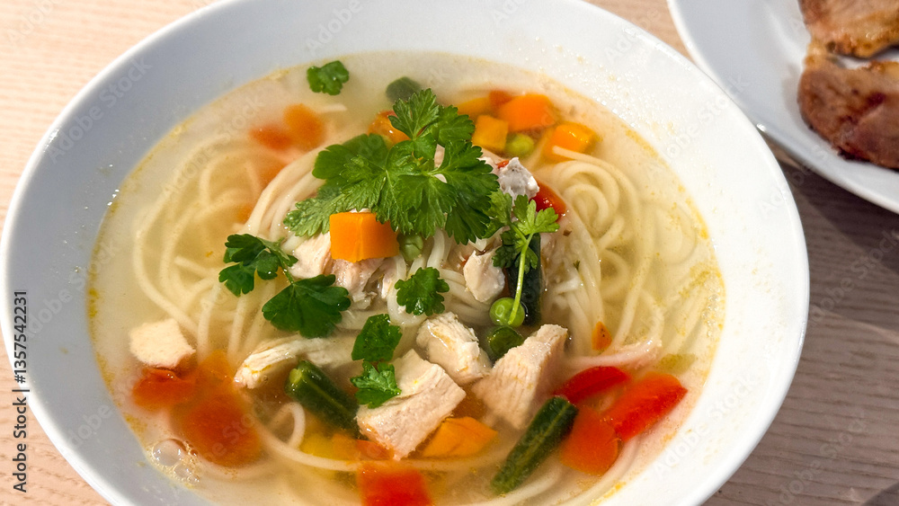Warm chicken noodle soup with vegetables, comforting homemade meal, winter warmth, nourishing cuisine Warm chicken noodle soup with vegetables, comforting homemade meal, winter warmth, nourishing cuisine
