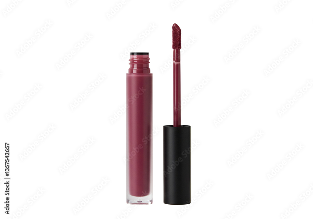 Modern matte liquid lipstick in a frosted glass tube with a minimalist black cap, applicator wand slightly removed showing a velvety rich pigment, soft but sharp edges, white background Modern matte liquid lipstick in a frosted glass tube with a minimalist black cap, applicator wand slightly removed showing a velvety rich pigment, soft but sharp edges, white background