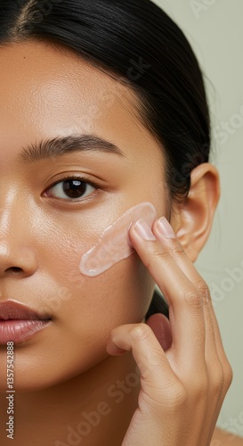 Close-up beauty ritual: woman applying skincare gel on face for radiant complexion