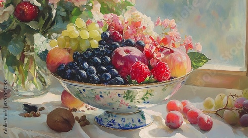 Still life painting of fruit bowl overflowing with berries and grapes