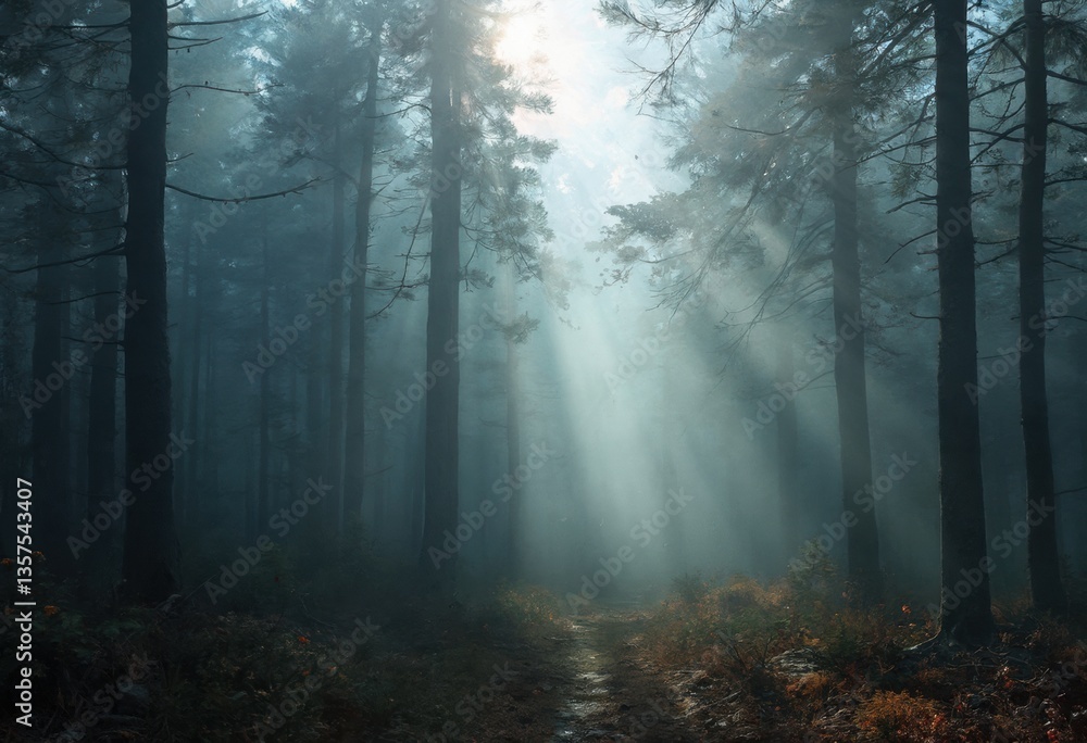 Obraz premium Mysterious Forest with Sunlight Filtering Through the Trees