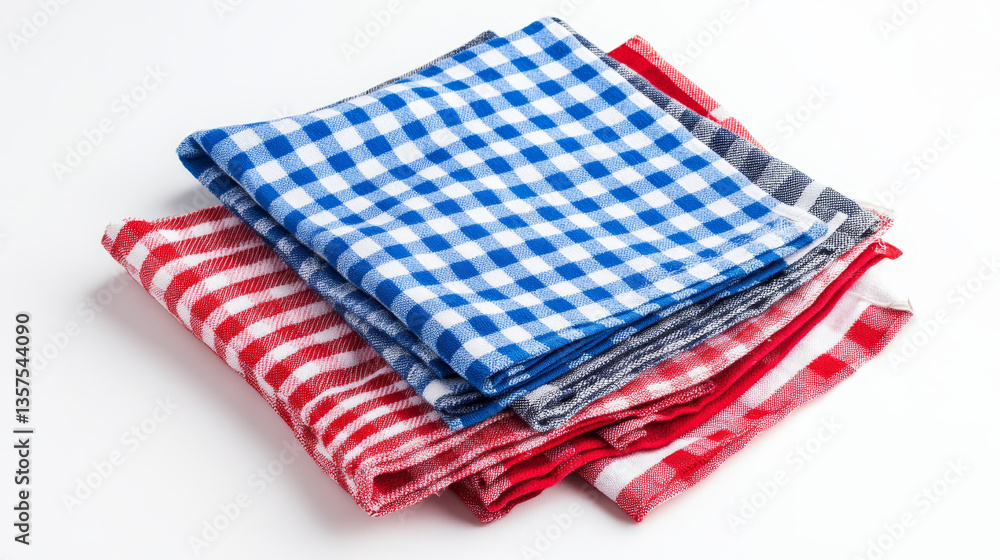 The tea towels, with their vibrant colors and simple patterns, are neatly folded to form a pleasing composition. The tea towels, with their vibrant colors and simple patterns, are neatly folded to form a pleasing composition.