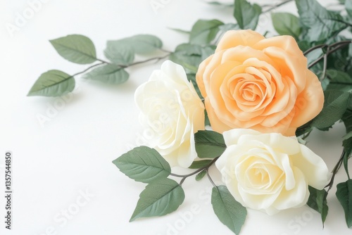 A serene arrangement of peach and white roses, complemented by lush green leaves, creating a soft, elegant floral display.