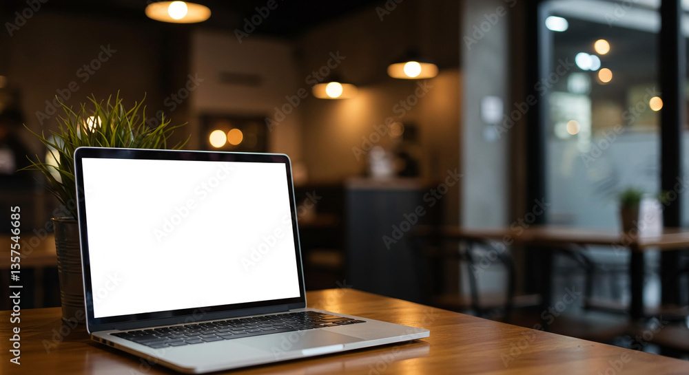 Laptop with Blank Screen on Wooden Table in Modern Cafe Cozy Workspace Laptop with Blank Screen on Wooden Table in Modern Cafe Cozy Workspace